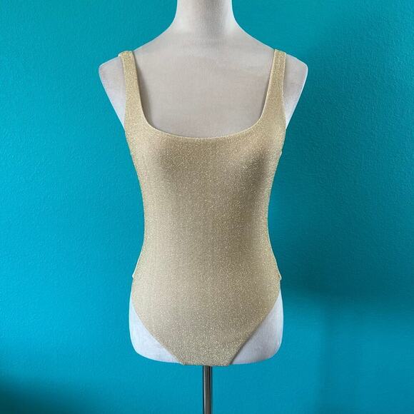 NWT Aerie Sparkle Babewatch One Piece Swimsuit Golden Oak Scoop Back Swim Size M - Picture 3 of 7